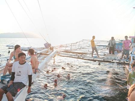 Travelers enjoying snorkeling and swimming in the clear waters just off the unique rosy sands of Pink Beach (Pantai Merah) near Komodo